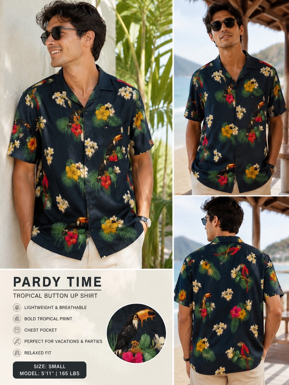 🌴🦜 NWT Pardy Time Tropical Toucan Hawaiian Button 🌴🦜